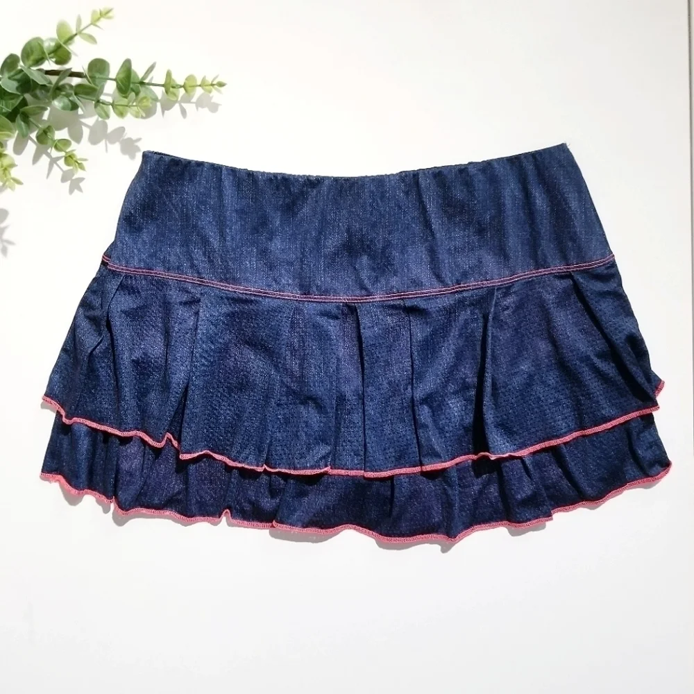 LUCKY IN LOVE Blue Denim Tennis Skirt Skort Gym Athletic Large Golf Pickleball